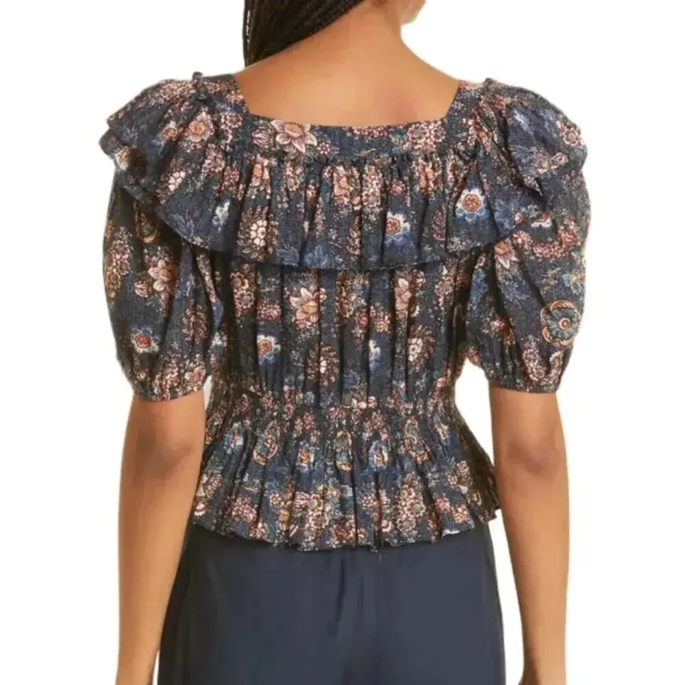 ULLA JOHNSON Warner Floral Ruffle Puff-Sleeve Peplum Blouse in Twilight SZ S